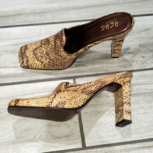 BCBG Paris faux snake skin high heel mules